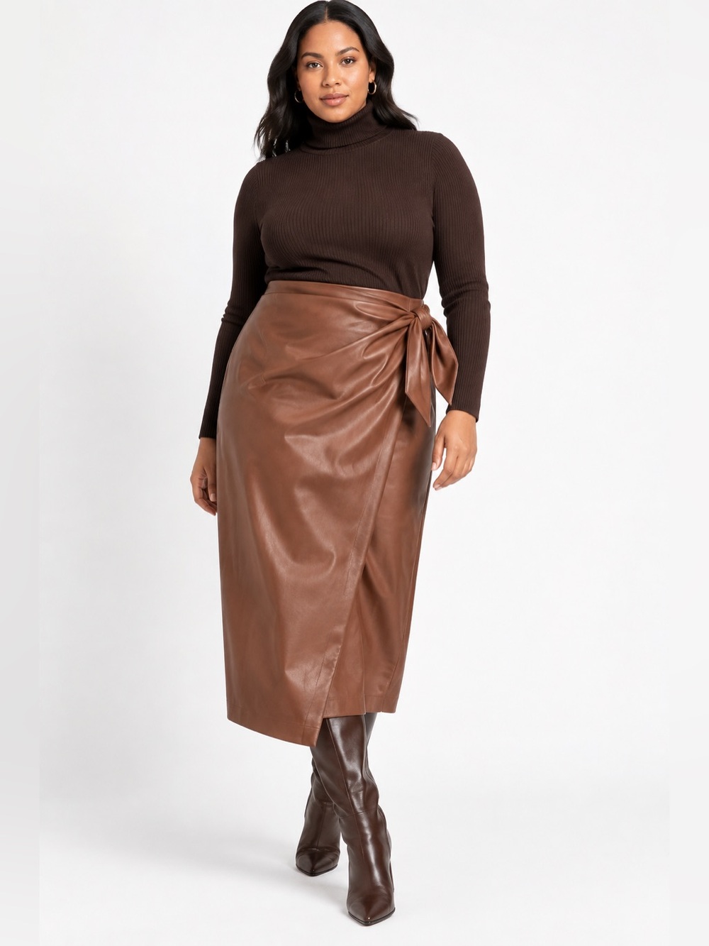 ELOQUII Faux Leather Faux Wrap Midi Skirt Chocolate Fondant Size 14